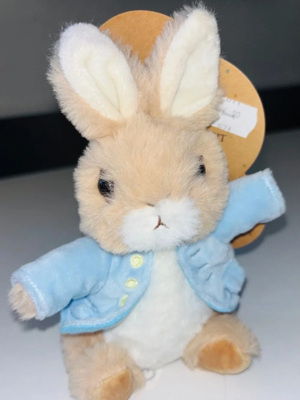 Plush Bunny in Light Blue Jacket - Soft Beige Rabbit Stuffed Toy